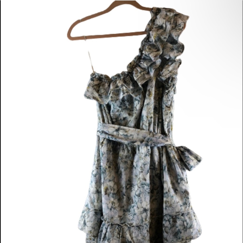 Happy Nature Kate Hudson One Shoulder Ruffles Off Shoulder Floral Mini Dress L